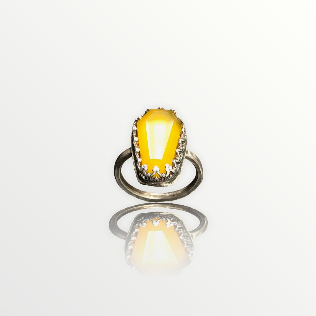 Yellow Chalcedony Silver Coffin Ring Size 6.5