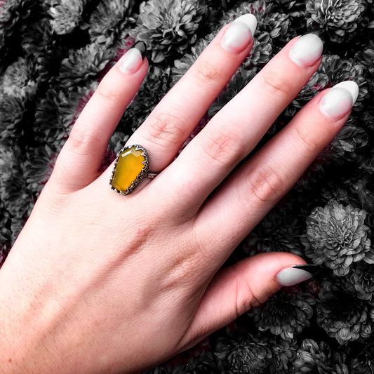 Yellow Chalcedony Silver Coffin Ring Size 6.5